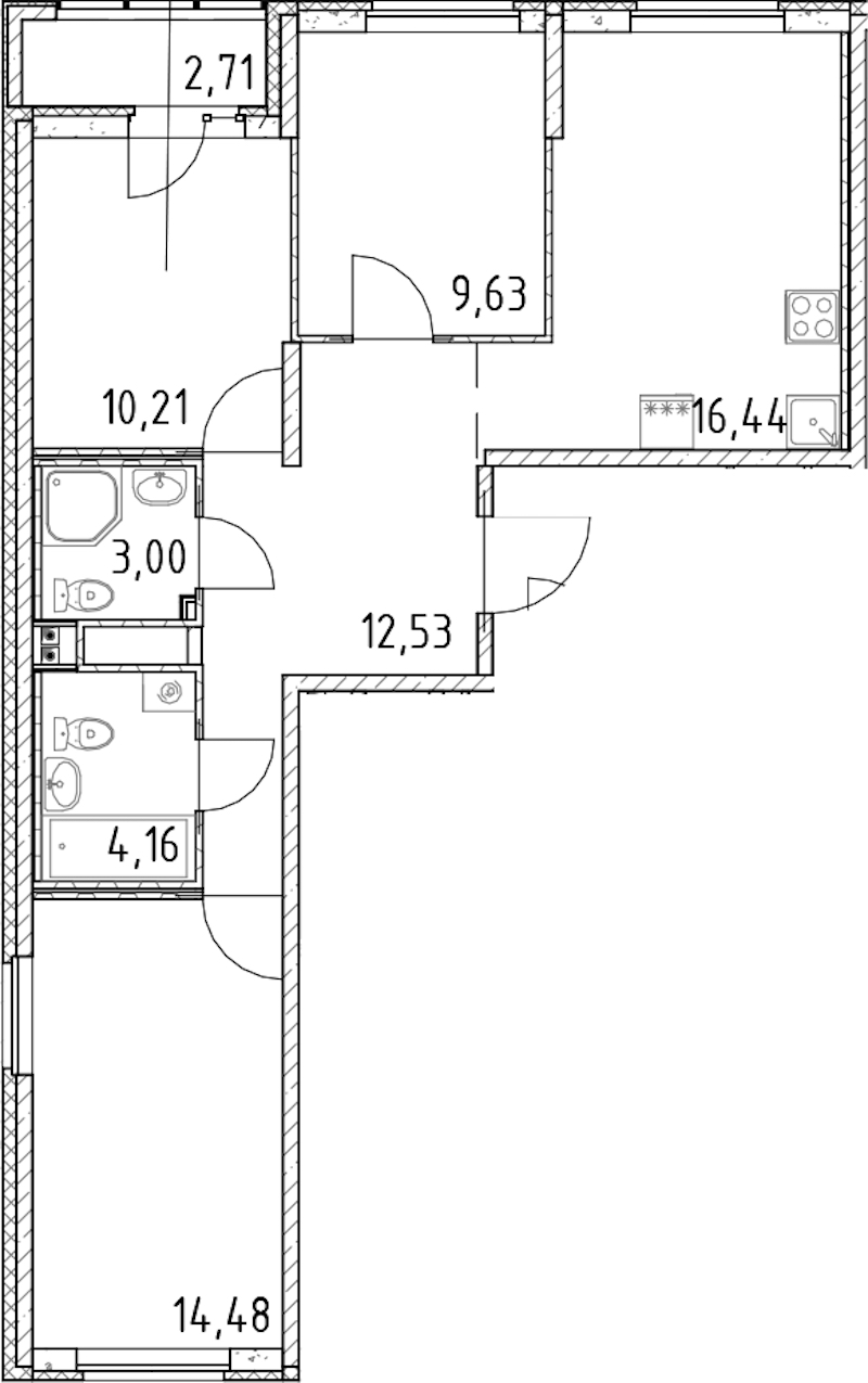 3-комнатная квартира 70.45 м², 4/23 эт., ЖК «Город Первых»